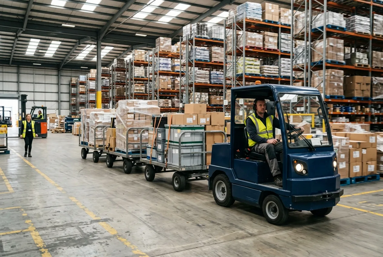 An electric tow tractor pulling a train of loaded trailers down a wide warehouse aisle