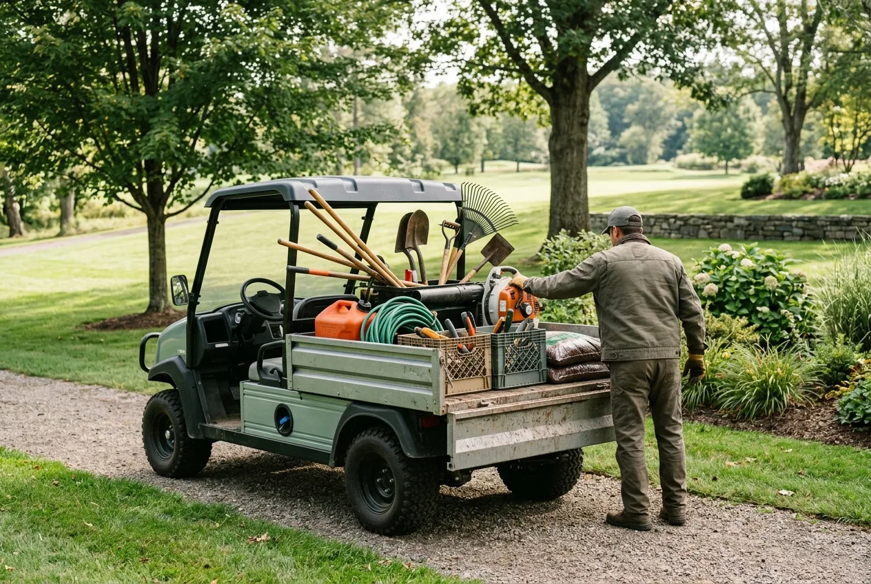 An electric utility vehicle with a loaded cargo bed of tools and supplies parked on a working grounds-maintenance site in daylight
