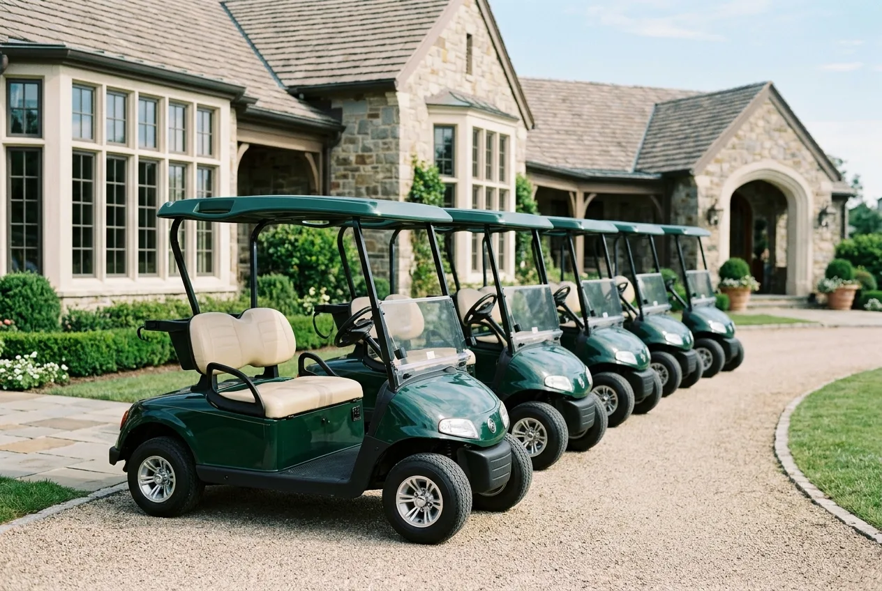 Matched fleet of branded electric buggies lined up outside a clubhouse