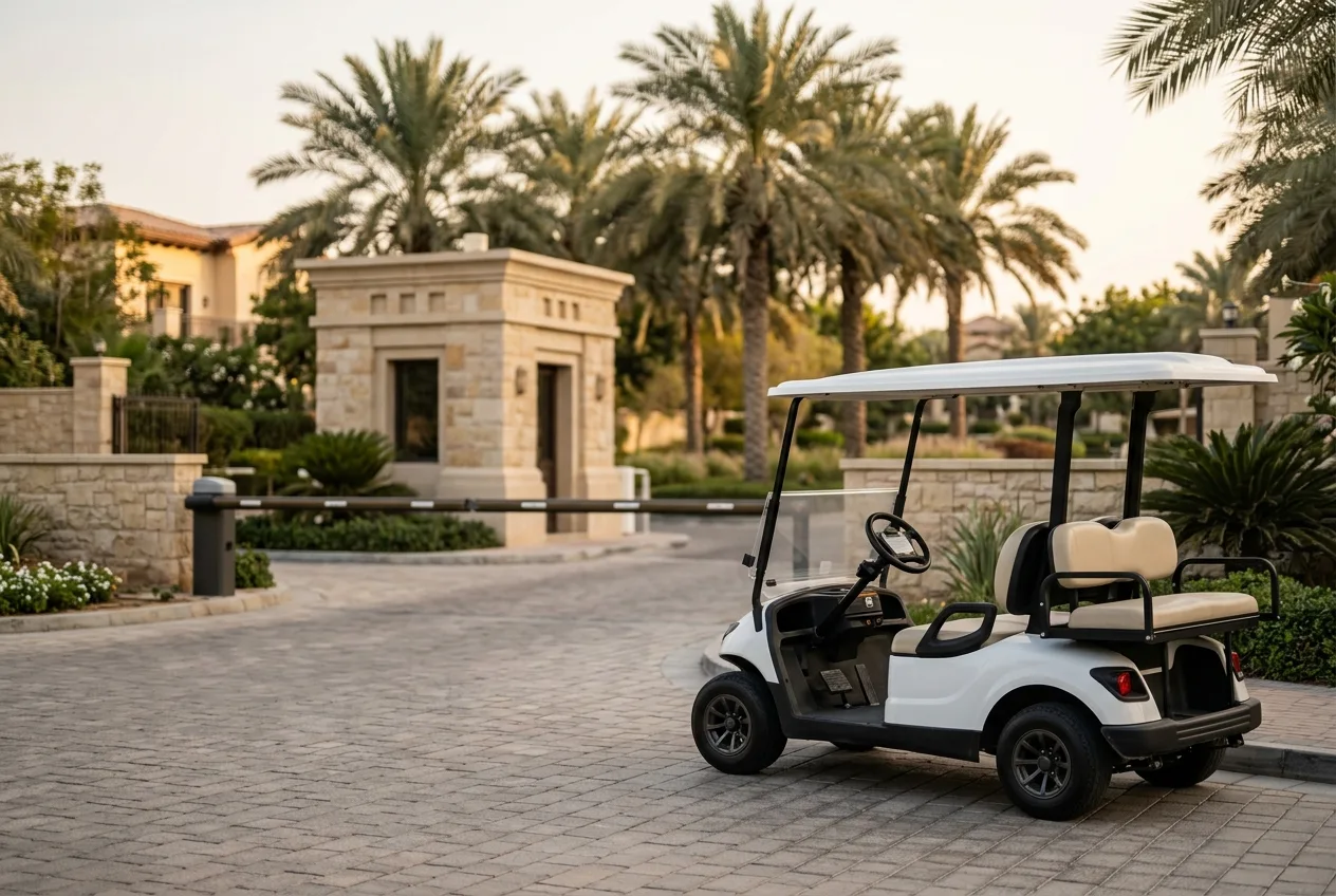 A modern electric golf buggy parked beside a UAE community management office with palms and villas