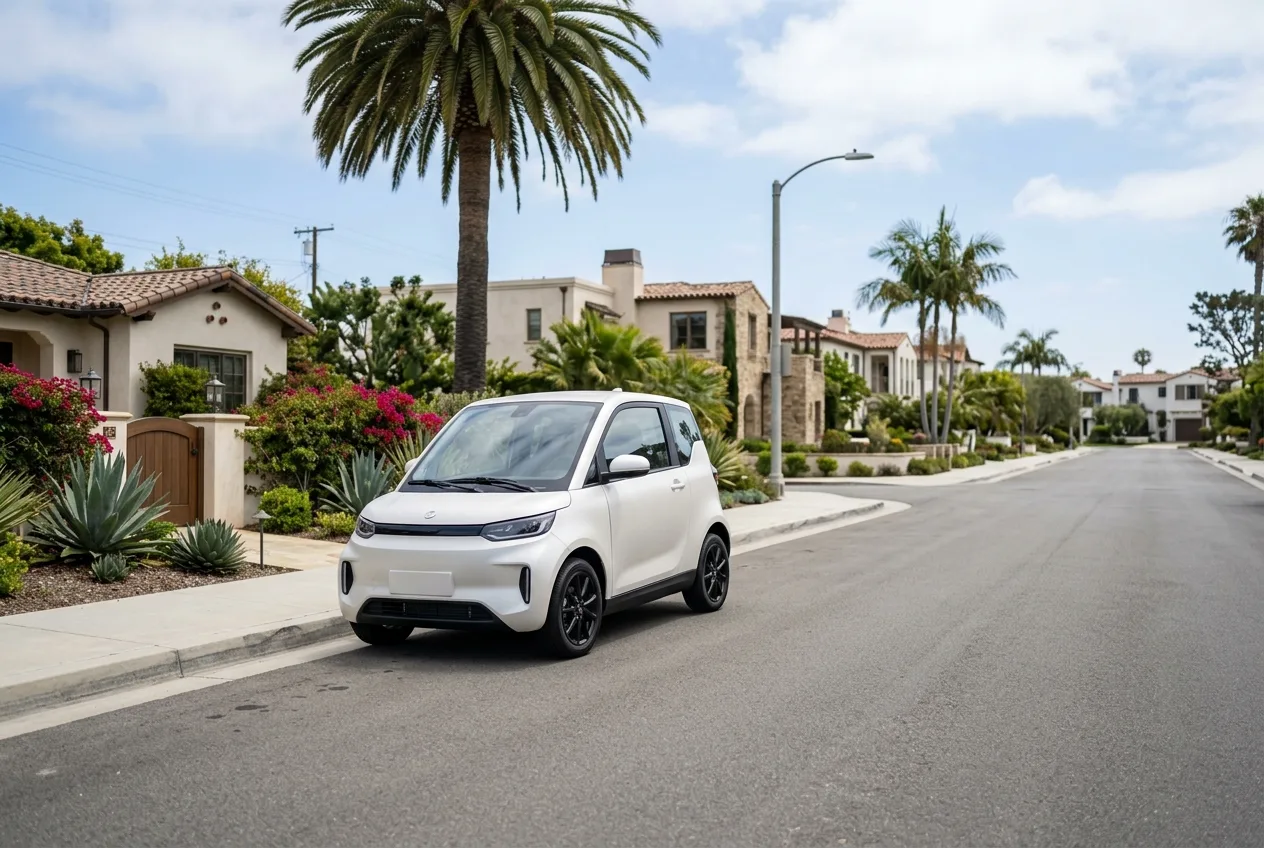 A neighborhood electric vehicle on a clean street in a California coastal town in soft daylight