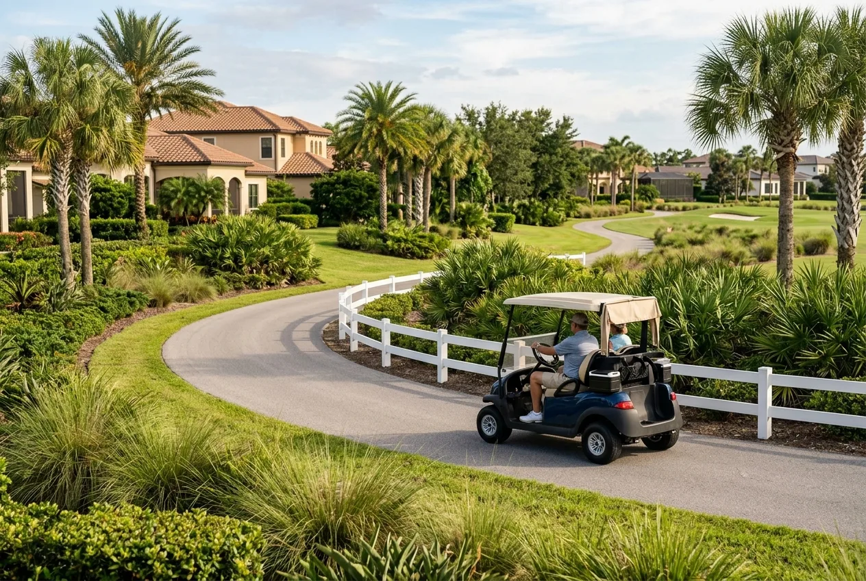 A clean electric golf cart on a palm-lined street in a sunny Florida community in soft daylight