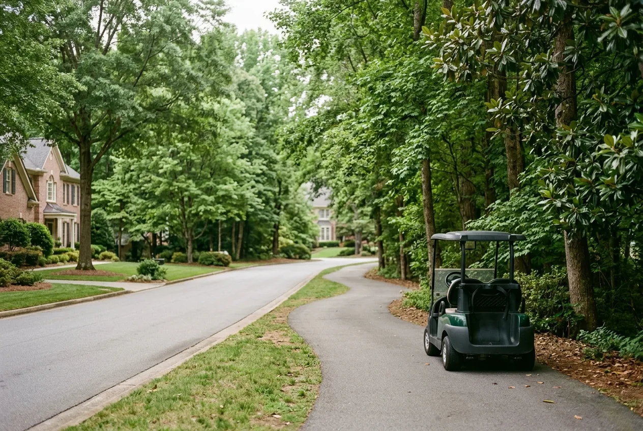 A personal transportation vehicle on a tree-lined Georgia suburban street with a dedicated cart path alongside