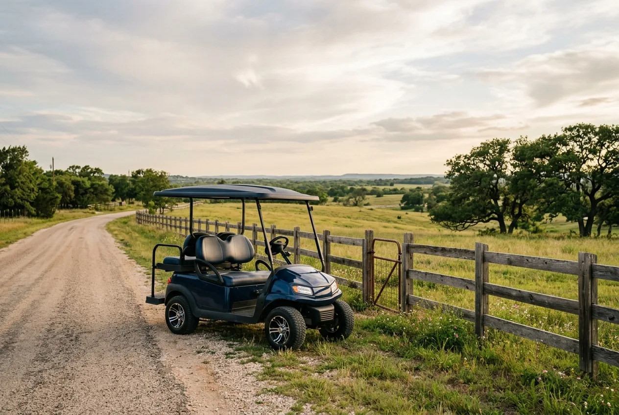 A clean electric golf cart on a quiet Texas ranch road in warm soft daylight