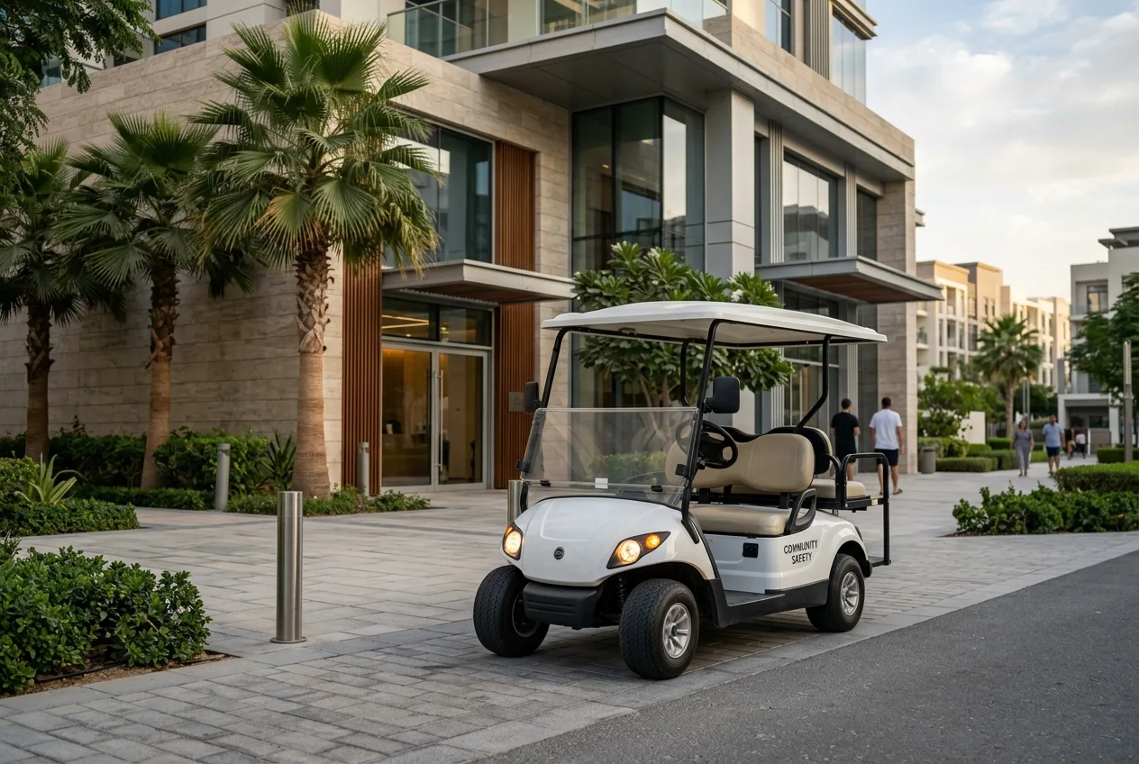 A clean electric golf buggy beside a modern community management office entrance in the UAE