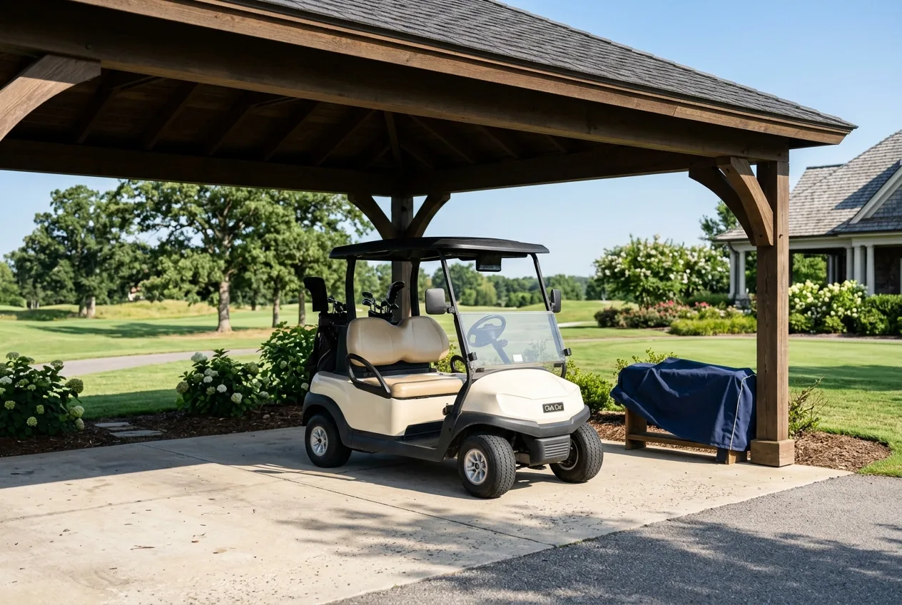 A golf cart parked in the shade of a carport during bright summer daylight with a clear sky behind