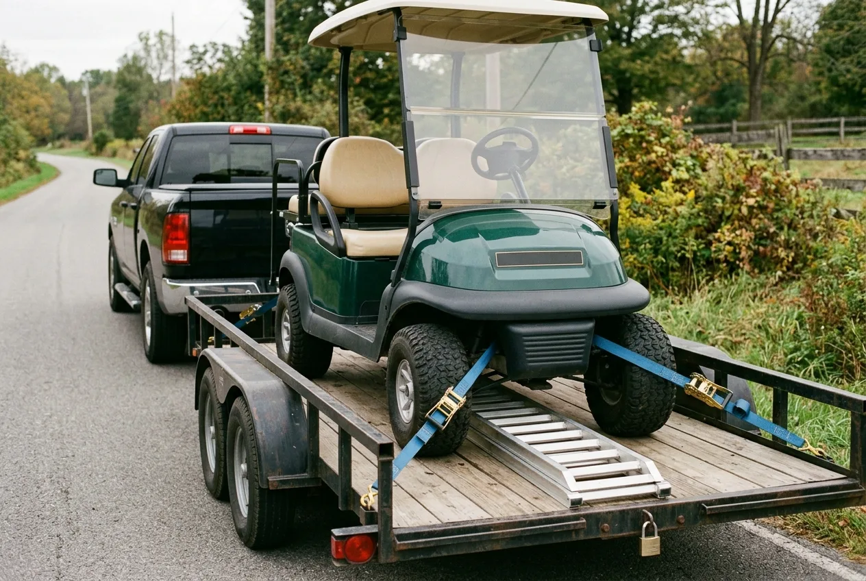 An electric golf cart loaded and strapped down on an open trailer behind a pickup truck on a clear day, ramps stowed