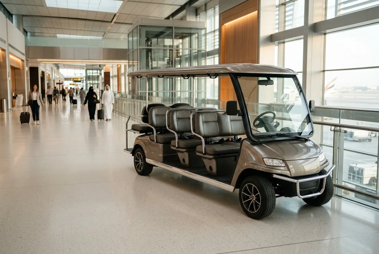 An electric passenger buggy carrying travellers along a bright modern airport concourse in the UAE