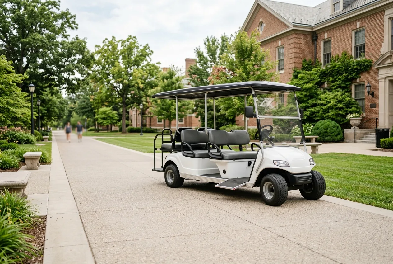 A campus utility golf cart moving slowly along a tree-lined university path with students walking nearby in soft daylight
