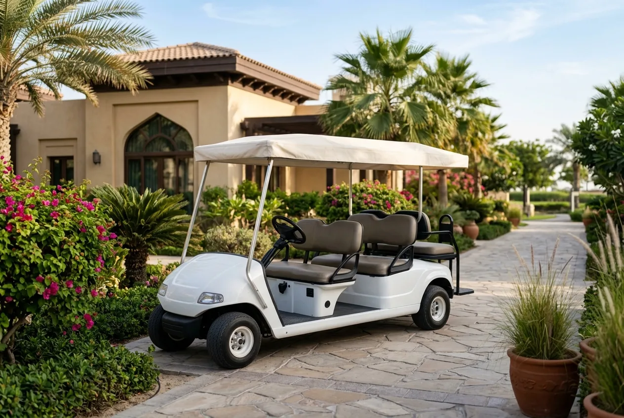 A clean branded resort buggy with a soft canopy waiting at a luxury UAE beach resort villa path under soft daylight