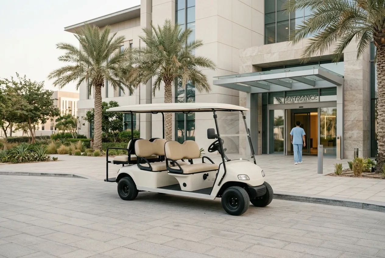 A comfortable passenger electric golf buggy parked at a modern hospital forecourt with clean architecture and palms in the UAE