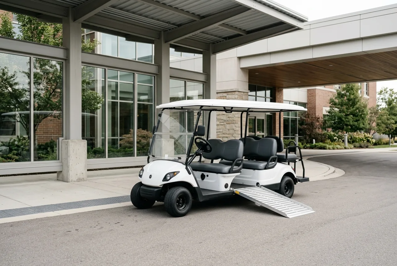An accessible passenger golf cart with weather protection waiting at a hospital entrance forecourt in soft daylight