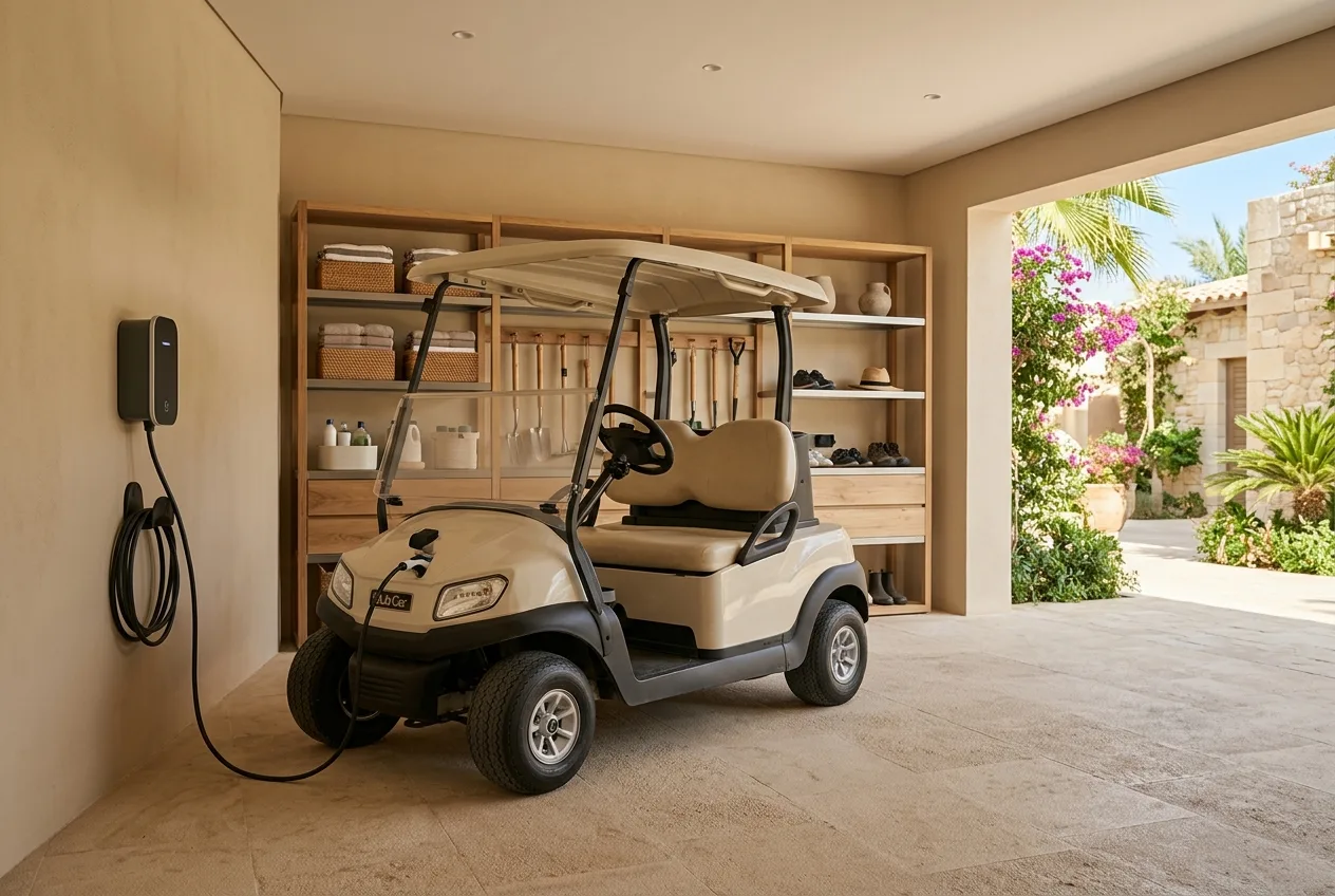 A golf buggy charging in a shaded UAE villa garage with the charger lead connected