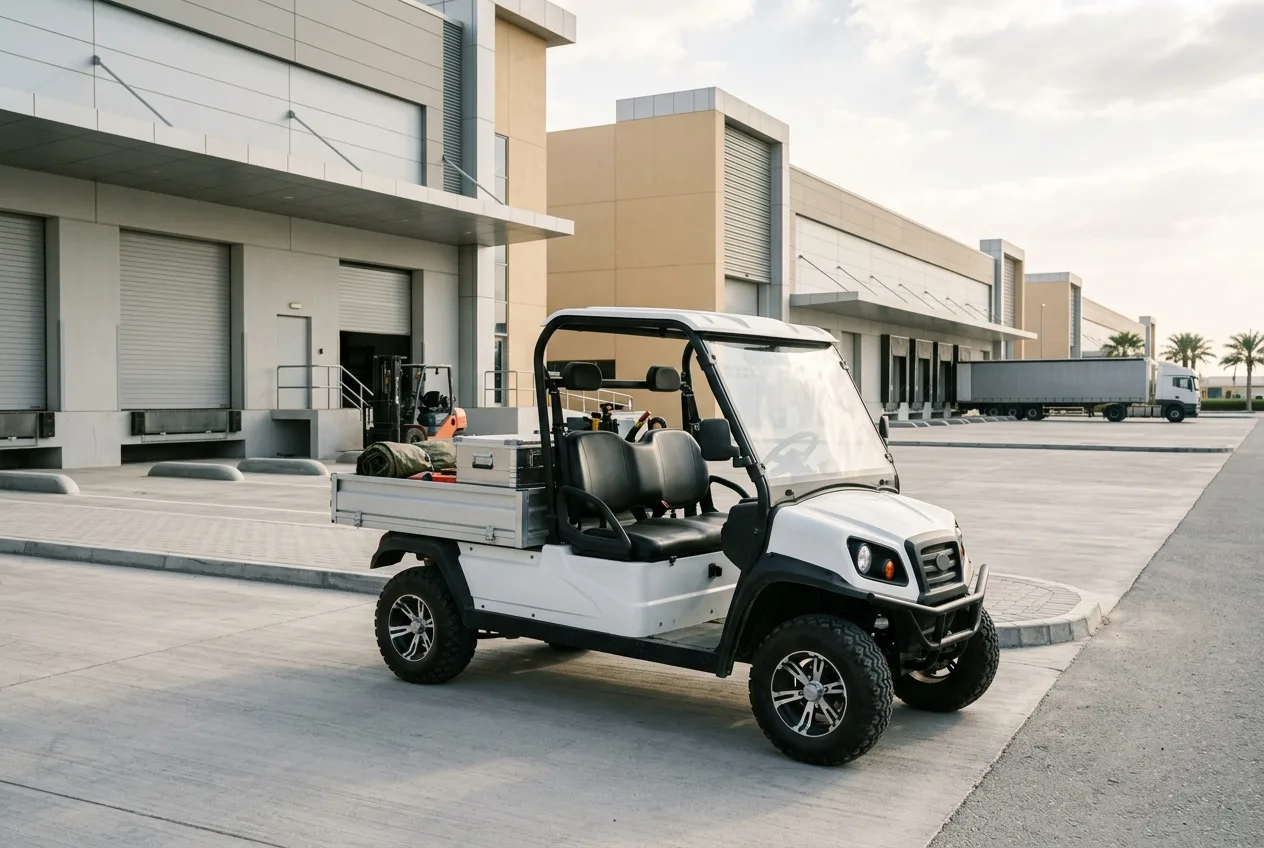 An electric utility buggy with a cargo bed parked in a large modern UAE logistics warehouse aisle