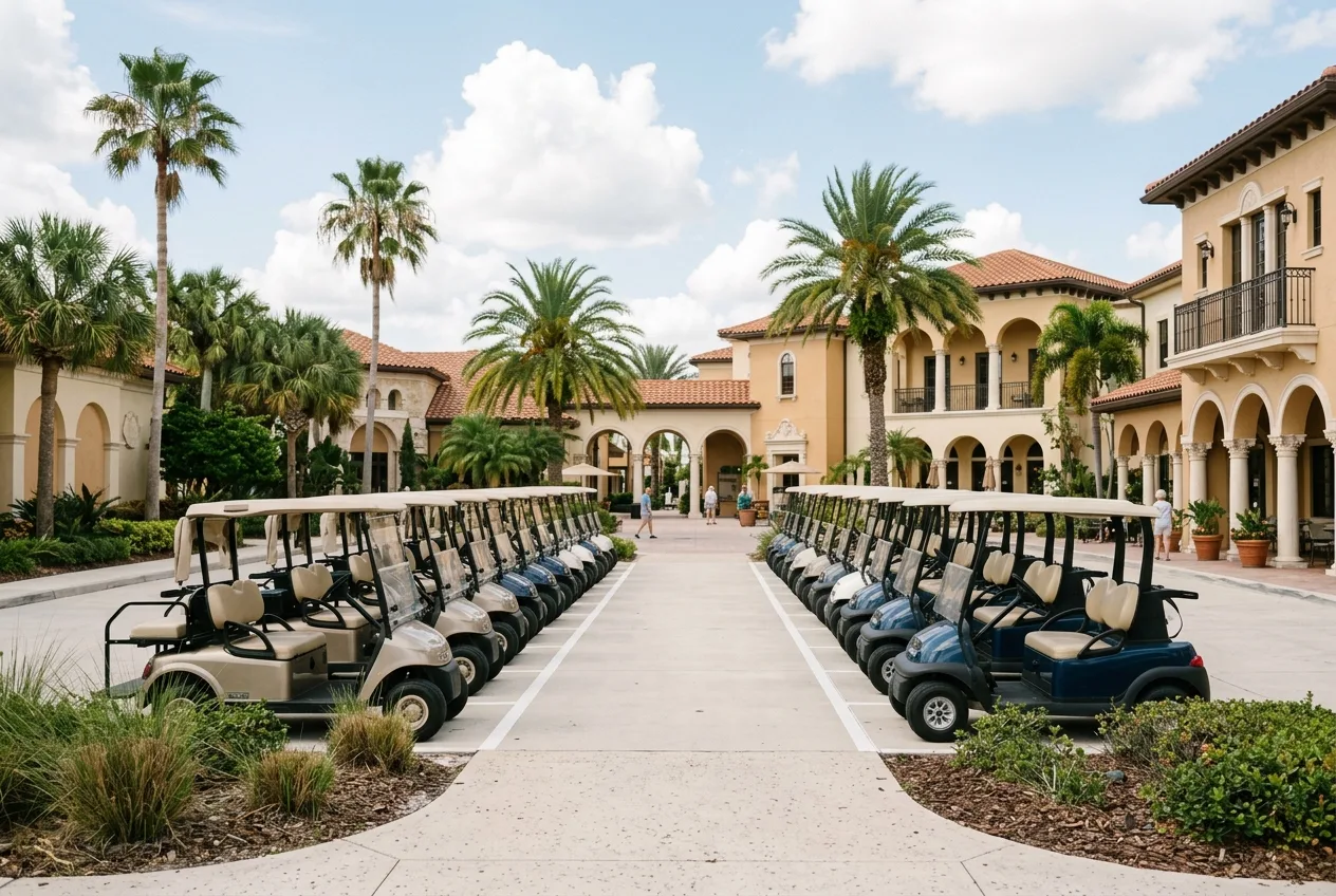 Rows of golf carts parked outside a sunny Florida-style town square in a retirement community