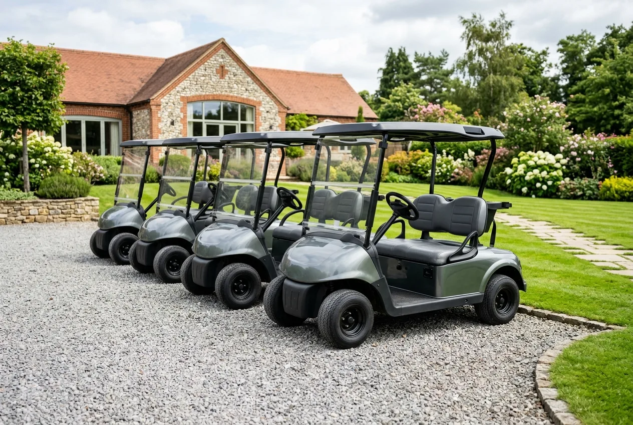 A row of electric buggies parked on a resort forecourt on a bright morning