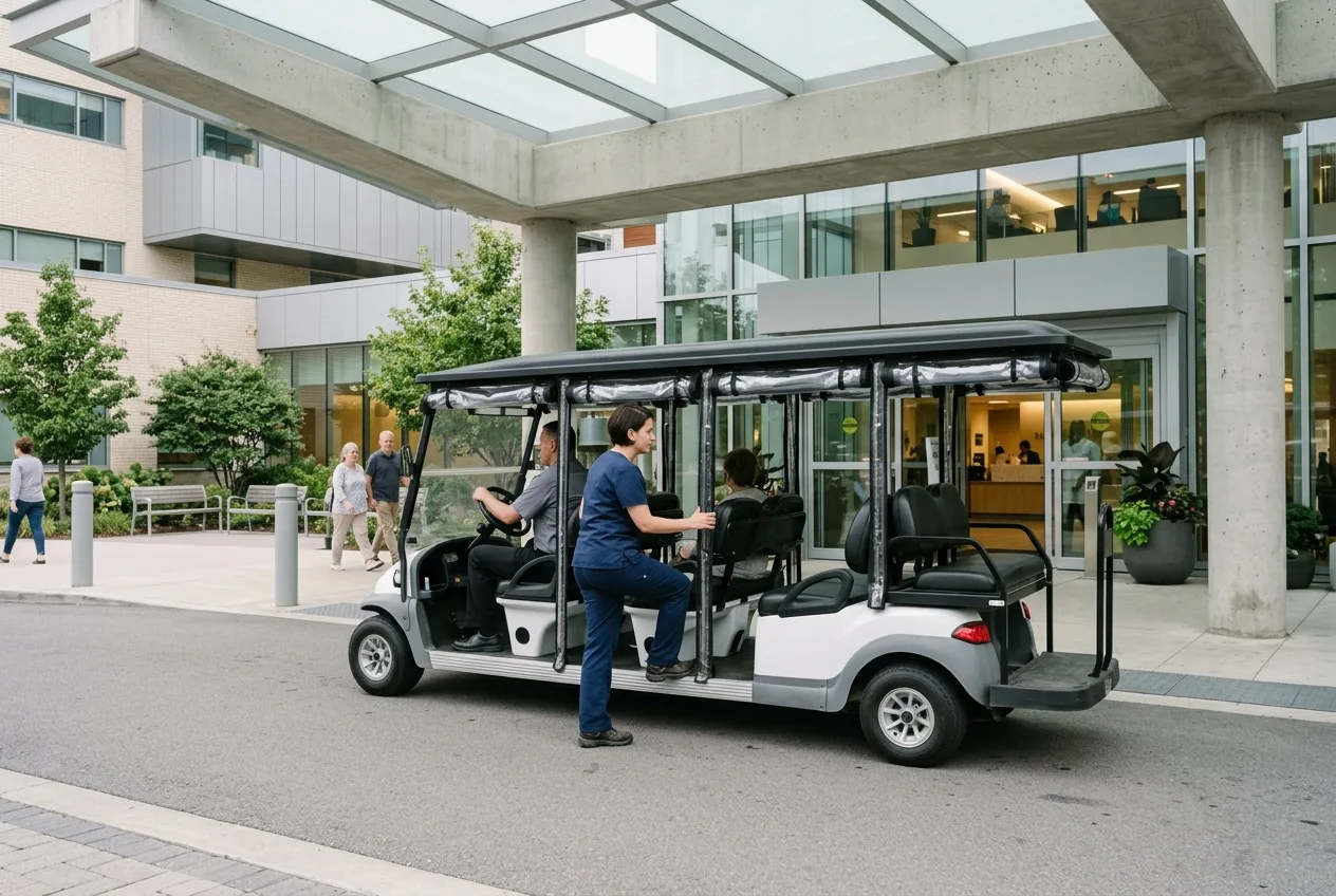 An electric shuttle buggy collecting staff outside a modern hospital building entrance