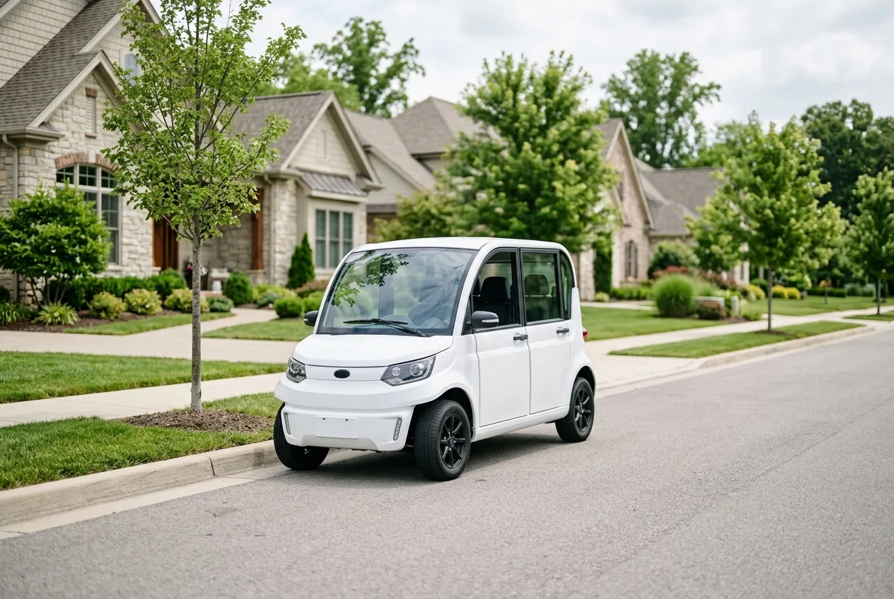 A neighborhood electric vehicle parked on a quiet suburban street in soft daylight