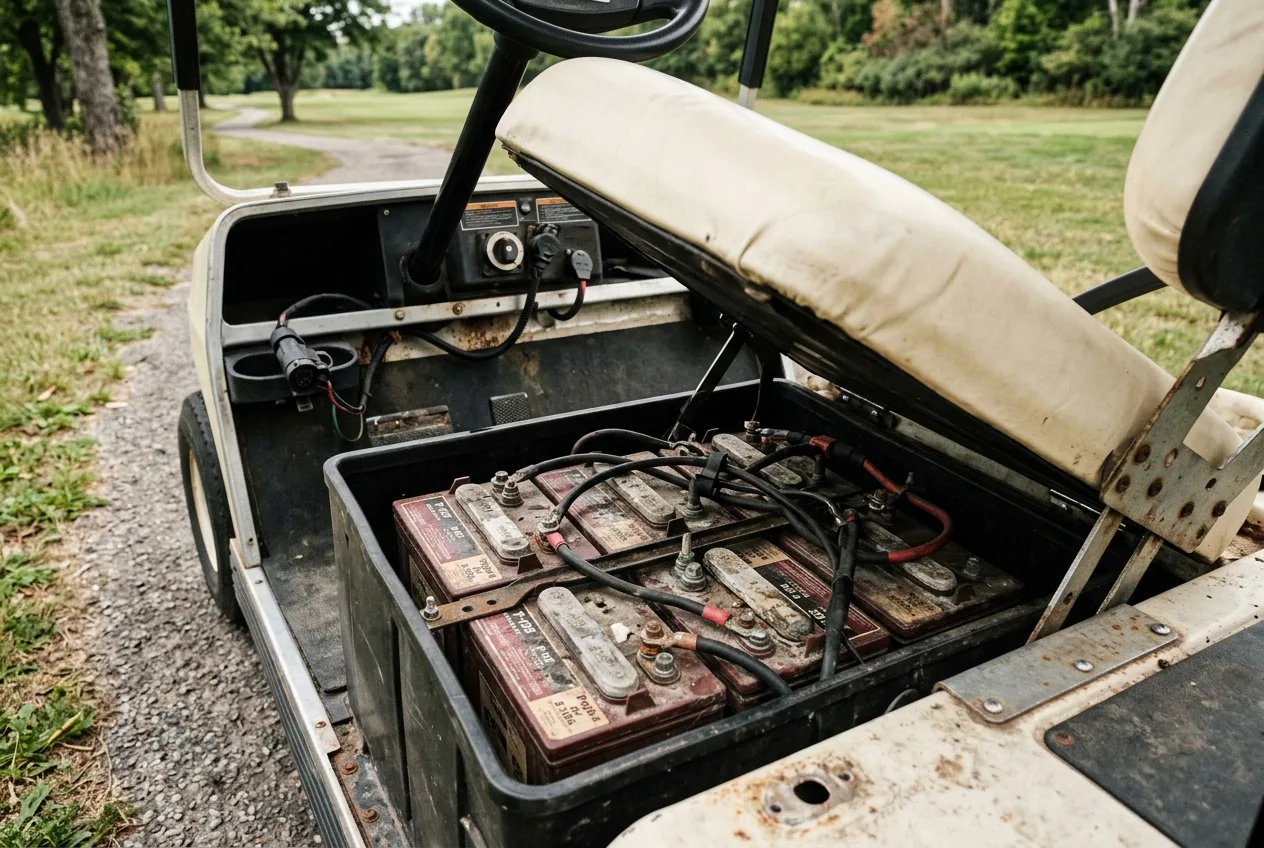 Lifted seat of an electric golf buggy showing the battery pack during an inspection