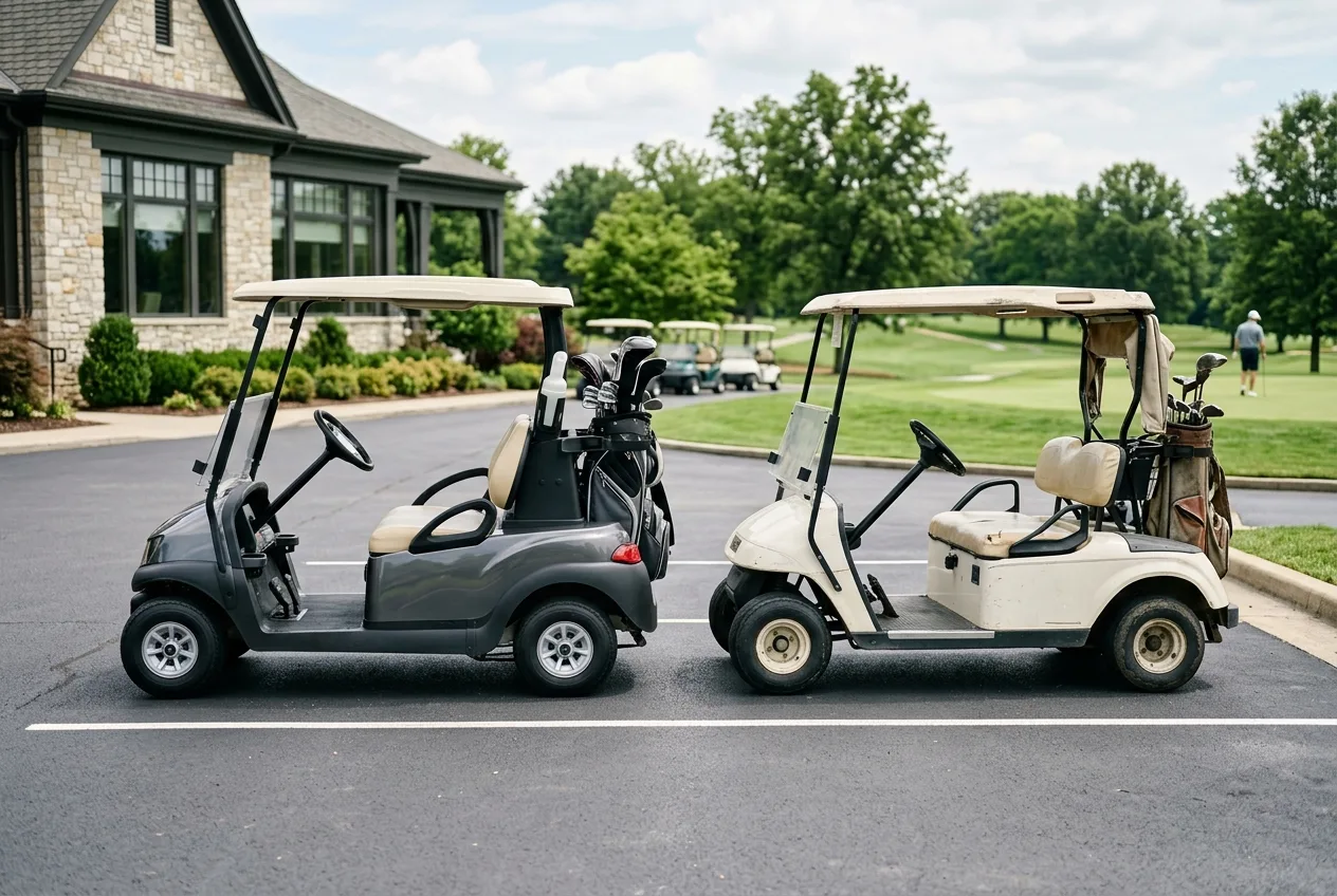 A new electric golf cart beside an older used cart on a sunlit dealership lot
