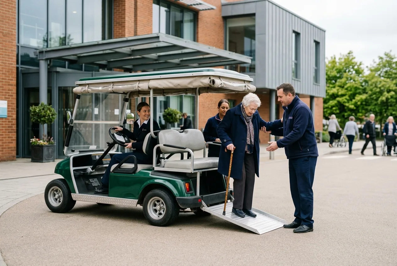 An accessible electric transfer buggy with a ramp collecting a wheelchair user and companion outside a hospital entrance