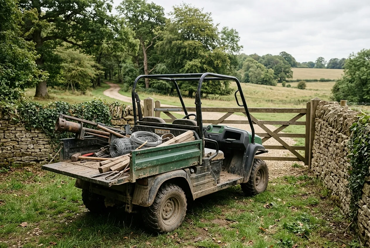 A rugged electric utility buggy with a load bed parked on a muddy estate track beside woodland
