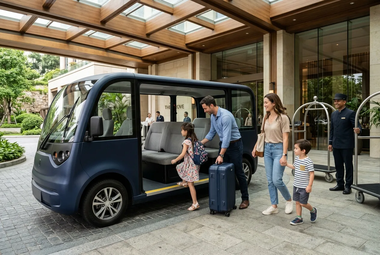 Guests boarding an electric shuttle buggy at a resort hotel lobby entrance