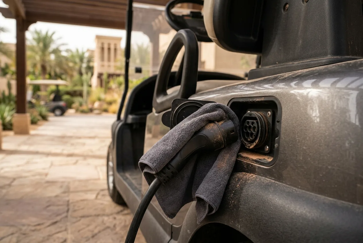 A clean electric golf buggy on a dusty estate path in the UAE with fine sand and palms