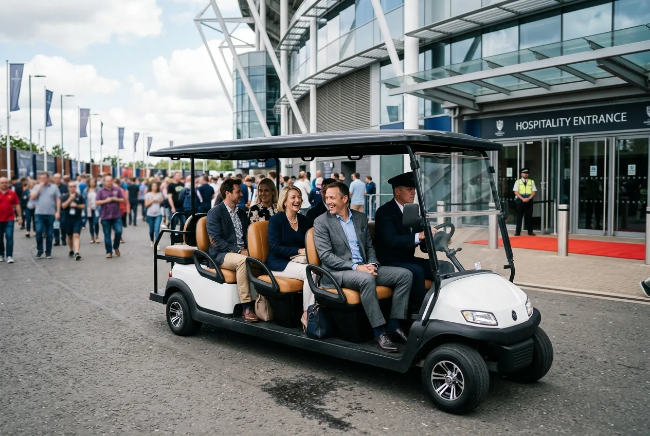 A smartly finished electric buggy carrying guests along a stadium concourse towards a hospitality entrance