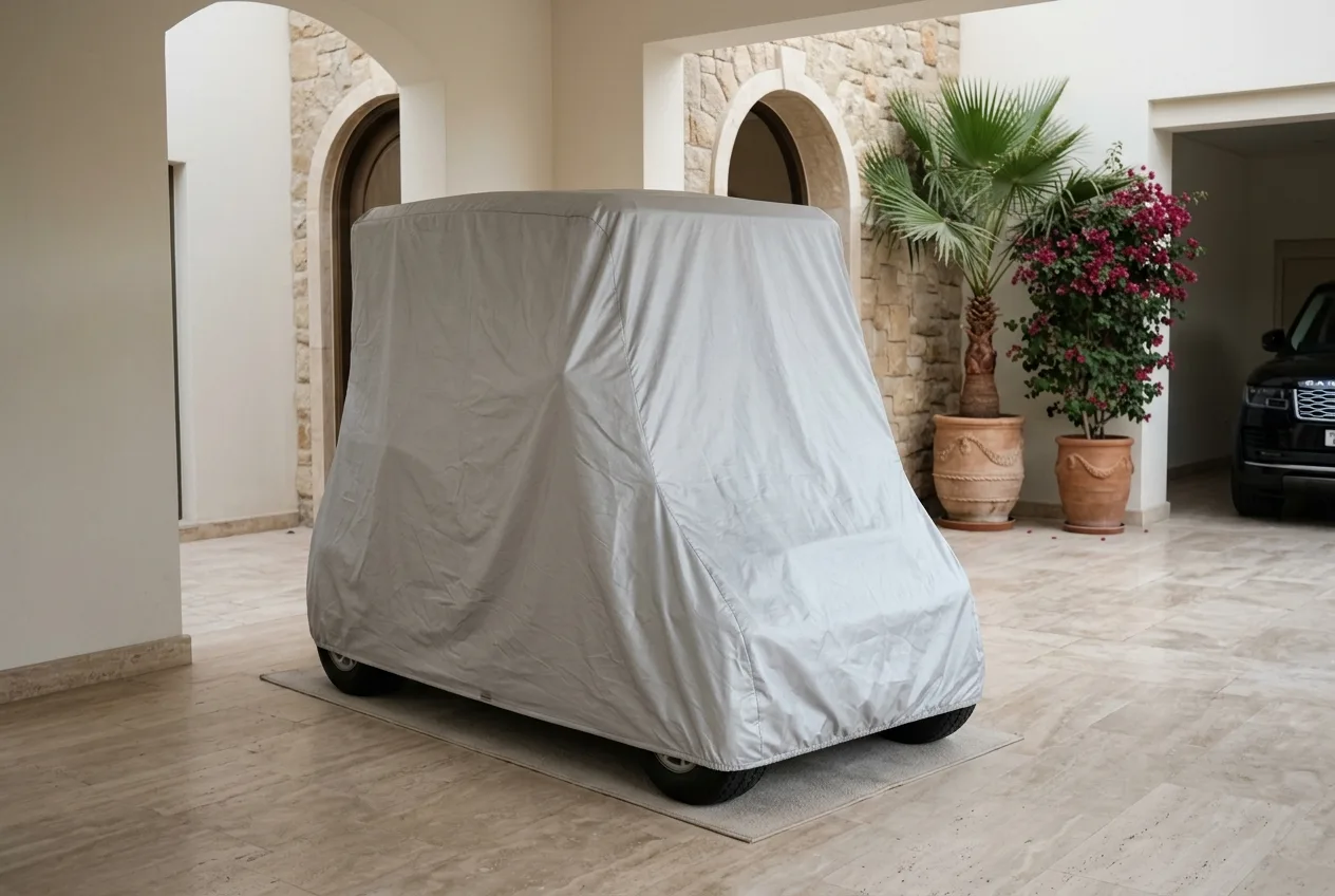 An electric golf buggy under a breathable cover parked in a shaded UAE villa garage for summer storage