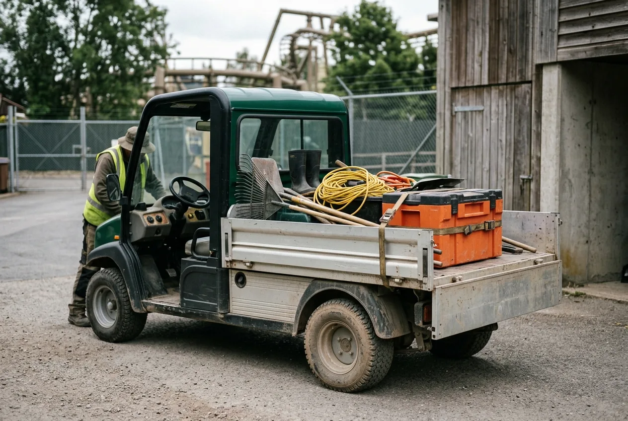An electric utility buggy with a loaded flat bed parked on a service road behind an attraction